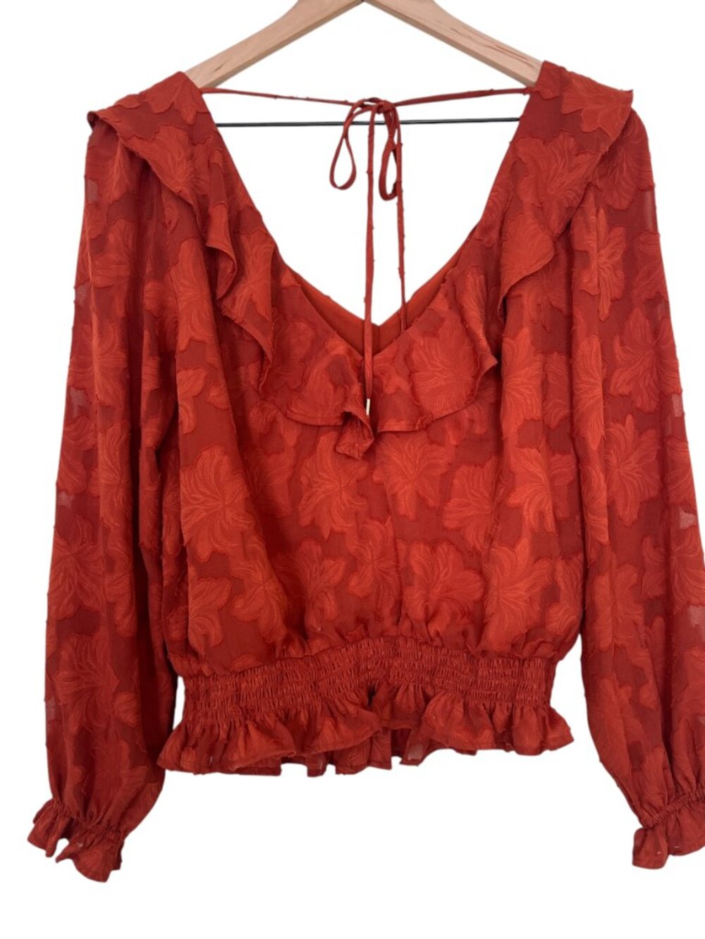 By Anthropologie Rust Ruffle V-Neck Textured Floral Blouse - Picture 6 of 6